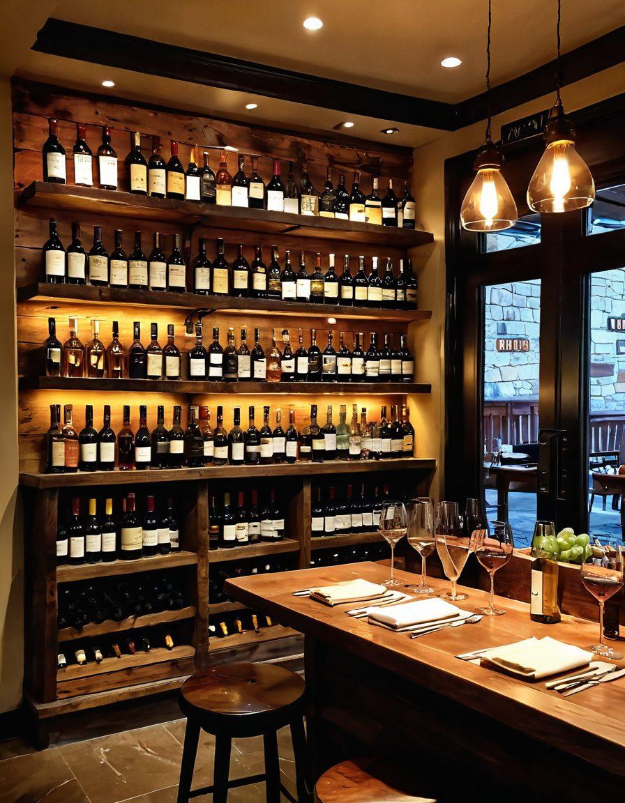 A cozy, inviting bar scene showcasing a variety of wine bottles elegantly displayed on wooden shelves. Soft lighting creates a warm ambiance, with patrons enjoying wine tastings at rustic wooden tables. Vibrant glasses filled with different wines catch the light, surrounded by artisanal cheese and charcuterie boards. An artistic vintage map serves as a backdrop, symbolizing the journey through wine regions. super-realistic. warm colors. cozy atmosphere.