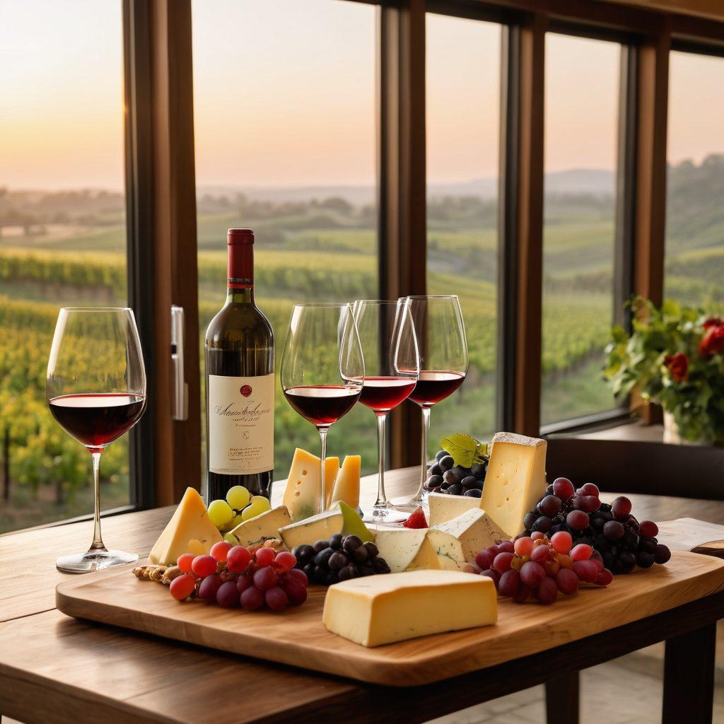 A luxurious wine tasting setup at Astrotel, featuring elegantly arranged wine glasses filled with various shades of red and white wine, surrounded by gourmet cheeses and fruits. Capture the ambiance of a cozy, upscale tasting room with dim lighting, rustic wooden tables, and plush seating. Include a stunning view of vineyards through large windows, with soft golden sunlight streaming in. The scene should evoke a sense of celebration and indulgence. super-realistic. vibrant colors. warm tones.