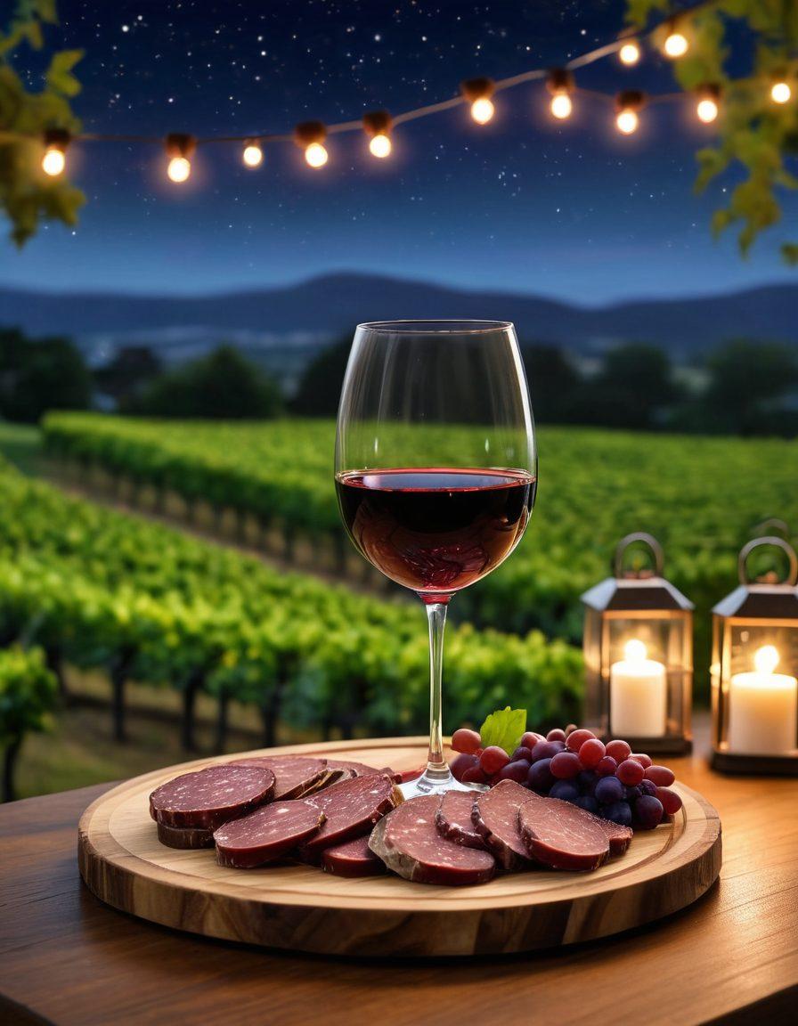 An elegant wine glass brimming with rich red wine, set against a backdrop of lush vineyards and a starry night sky, showcasing a festive atmosphere with string lights. Include a cozy seating area with guests enjoying wine tasting, and a beautifully displayed charcuterie board. Capture the essence of celebration and exclusivity in a warm, inviting ambiance. super-realistic. vibrant colors. nighttime setting.